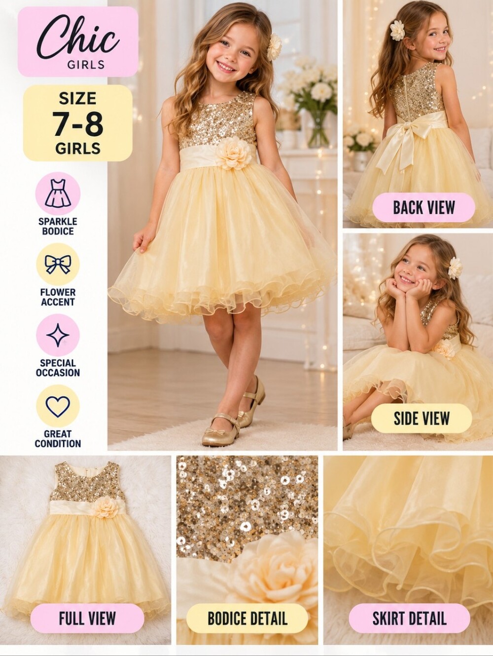 Chic girls size 7-8 yellow sparkle dress #01